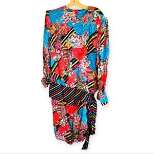 Vintage 80s Julie Francis multicolor floral Stripe paisley silk dress Size 12